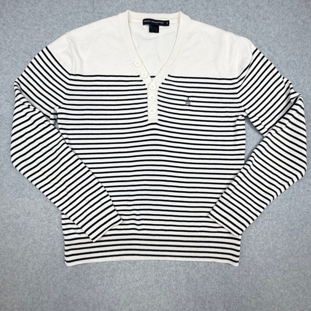 French Connection Women Striped Cotton Henley Sweater Cream Navy Blue Small